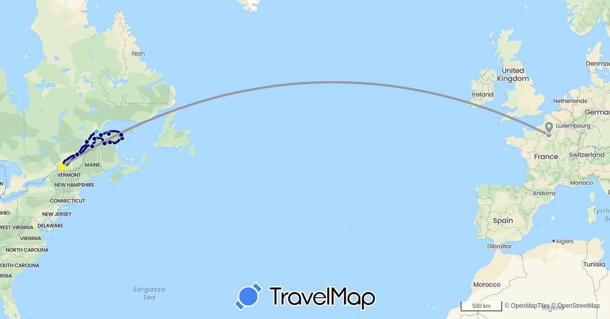 TravelMap itinerary: driving, plane, hiking, boat in Canada, France (Europe, North America)
