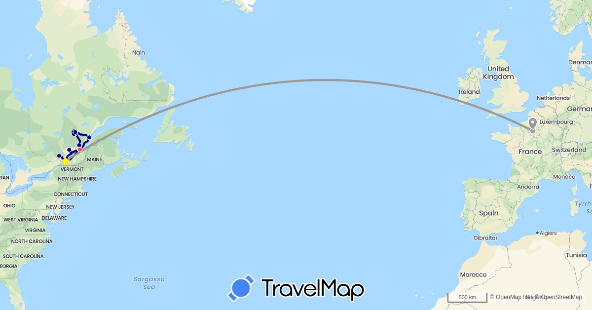 TravelMap itinerary: driving, plane, hiking in Canada, France (Europe, North America)